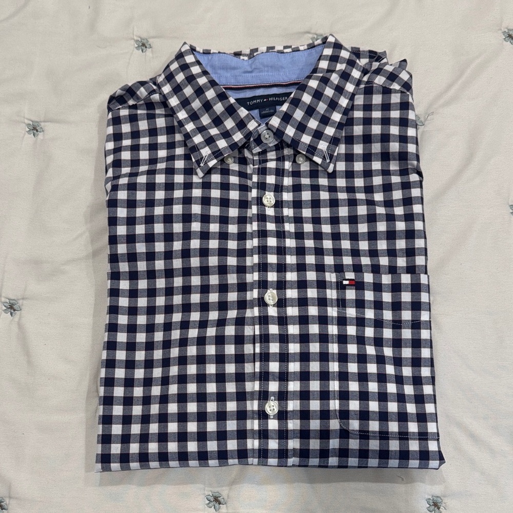 Tommy Hilfiger Men's Blue and White Plaid Shirt